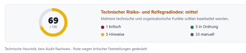 Beispiel aus einem Website-Check-Bericht: Risiko- und Reifegradindex 69 von 100, mit Aufschlüsselung nach kritischen, hinweispflichtigen und unauffälligen Punkten.
